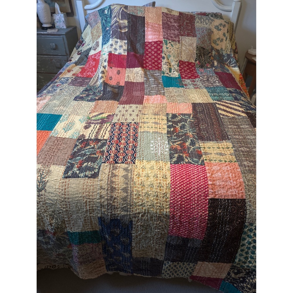 Handmade Kantha Quilt Patchwork Cotton Bedspread Multi Color Hand Stitched